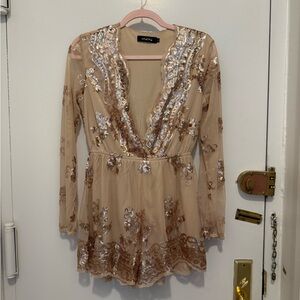 Sequin Embellished Beige Romper